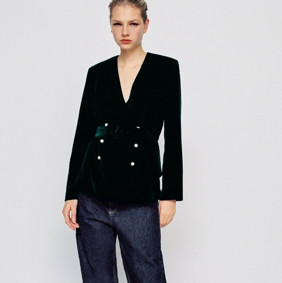 Zara Women Velvet Belted Blazer Deep 
